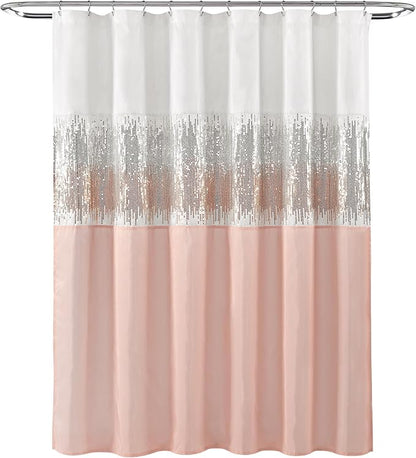 Lush Decor Night Sky Shower Curtain, Single, 72" W x 72" L, White & Blush - Sequin Shower Curtain - Sparkly Color Block Bath Curtain - Modern Glam Bathroom Decor