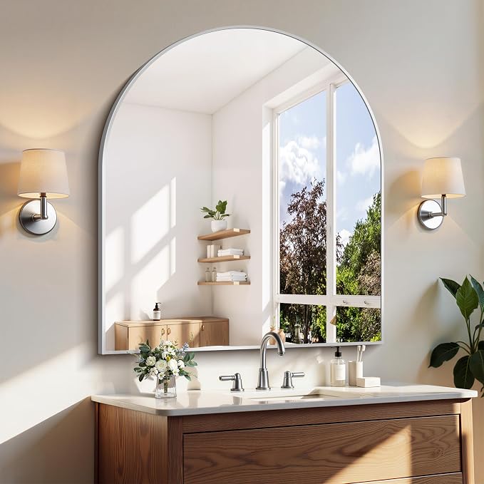 COFENY Arched Mirror, 36’’x40’’ Silver Arch Mirrors for Bathroom Sink, Wide Bathroom Vanity Mirror with Metal Frame, Modern Wall Mounted Mirror for Bedroom Living Room Mantle Entryway