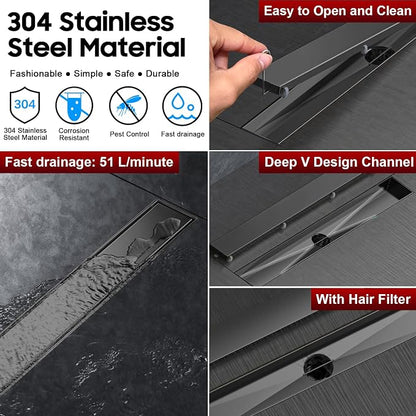 DLONE® Linear Shower Drain - 24 Inch Gun Gray, with Tile Insert Panel | AISI 304 Stainless Steel Linear Drain, Rectangle Shower Floor Drain, with Adjustable Feet, Fits Bathroom & Balcony etc