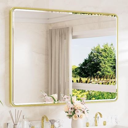 Brushed Gold Wall Mirror 48 x 36 Beveled Edge Tempered Glass, Rounded Corner Rectangle Framed Mirror for Modern Bathroom, Living Room, Bedroom, Entryway
