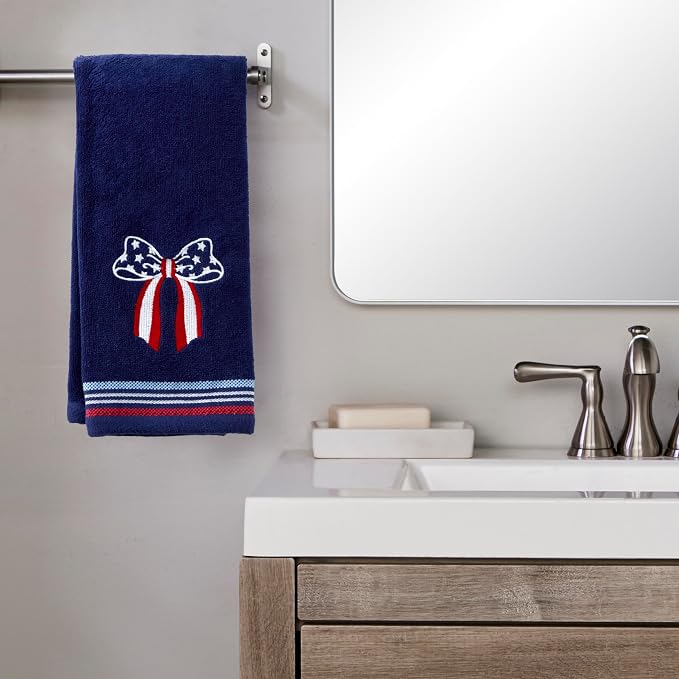 SKL Home Americana Bow Hand Towel Set-2pc, 100% Cotton, Embroidered, Navy | Fun for Memorial Day, 4th of July, Labor Day & all patriotic holidays. For use in the bathroom, kitchen or bar.