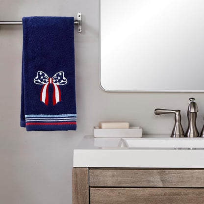 SKL Home Americana Bow Hand Towel Set-2pc, 100% Cotton, Embroidered, Navy | Fun for Memorial Day, 4th of July, Labor Day & all patriotic holidays. For use in the bathroom, kitchen or bar.