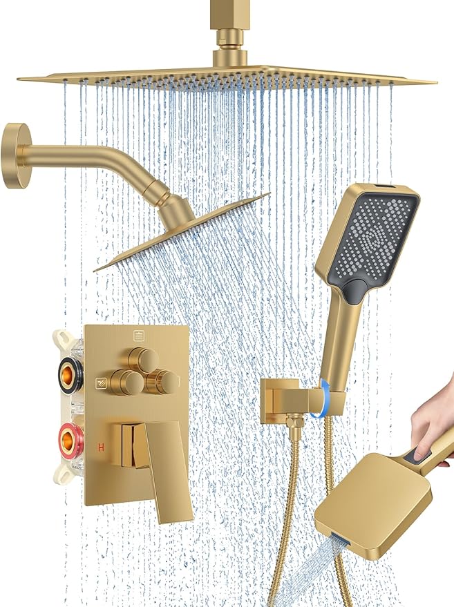 Woindo Shower Faucet Set, 10" Ceiling Mount Rainfall Shower System with 2 Rain Shower Head and Multi-function Handheld Head Push Button Diverter Shower Faucet Trim Kit
