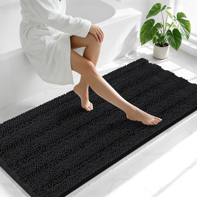 Smiry Thick Chenille Bathroom Runner Rugs 59x24, Absorbent Bath Mat, Black | Quick‑Dry & Machine Washable, Non‑Slip Bath Carpet, Soft Striped Bath Rugs for Tub & Shower, Modern Home Decor Accessories
