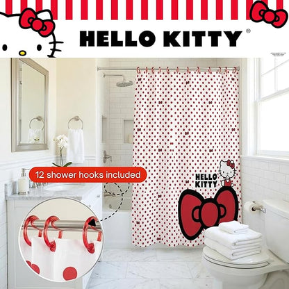 Sanrio Hello Kitty 13-Piece Shower Curtain Set, 72" x 70" Fabric Curtain with Hooks, Polka Dot Kawaii Bathroom Decor, Machine Washable, (100% Officially Licensed Product) by Franco Collectibles