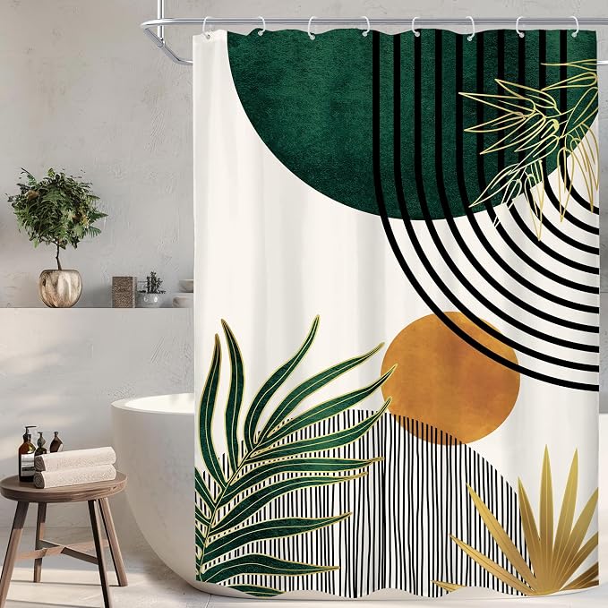 KOMLLEX Mid Century Green Boho Abstract Modern Bathroom Shower Curtain Set | 48Wx72L Plant Botanical Palm Leaves Design, Waterproof Hd Print With Fast-Drying Fabric and 12 Hooks