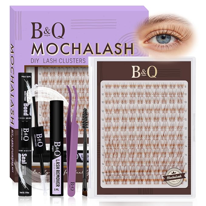 B&Q Brown Velure Lash Clusters Kit Natural Lashes Clusters, Wispy Light Brown Eyelash Cluster Kit C-8-16mm DIY Lash Eyelashes for Fair/Dark Hair, Lightweight & Invisible Band(Mochalash Velure 05 Set)