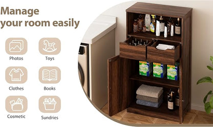 Walsunny Floor Storage Cabinet, Organizer with Doors and Drawers, Freestanding Side Cupboard Pantry with Adjustable Shelf for Bathroom/Living Room, Walnut Brown
