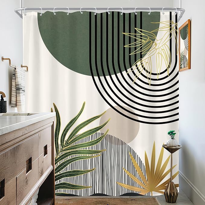 KOMLLEX Mid Century Green Boho Abstract Modern Bathroom Shower Curtain Set | 72Wx84L Gold Plant design, waterproof HD print with fast-drying fabric and 12 hooks.