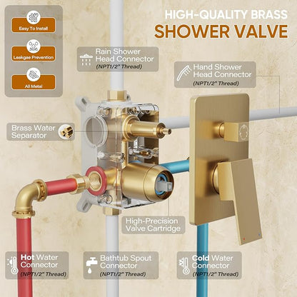 Gold Tub Shower System with 12" Rain Head, Handheld & Valve Kit | All-Metal Tub Shower Faucet Set, Wall Mounted Rain Showerhead, Handheld Spray, Includes Valve and Trim Kit, Brushed Gold