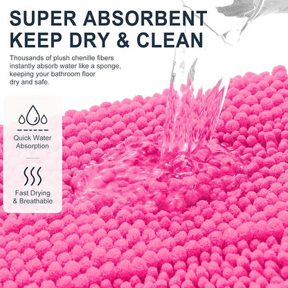 Smiry Thick Small Chenille Bathroom Rugs 24x16, Soft Bath Mat, Hot Pink | Quick‑Dry & Machine Washable, Non‑Slip Bath Carpet, Striped Bath Rugs for Tub & Shower, Modern Home Decor Accessories