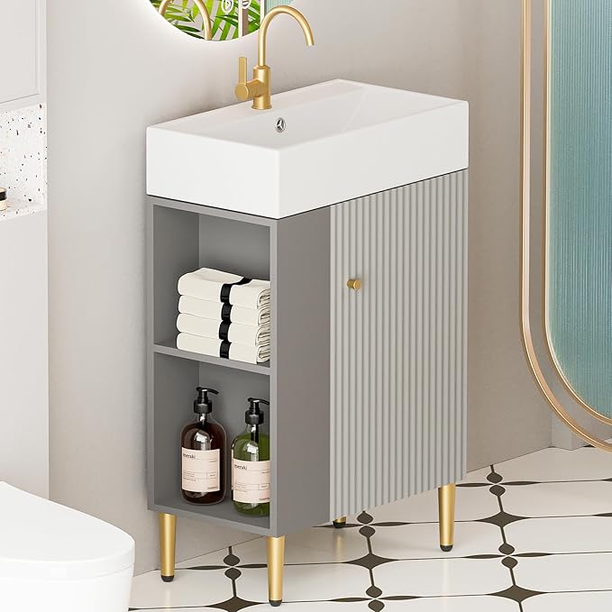 22" Small Bathroom Vanity with Sink, Morden Bathroom Vanities with Soft-Close Door and Open Shelf, Freestanding Narrow Vanity for Compact Space-Saving Bathrooms (Gray,22" Freestanding Left Shelf)