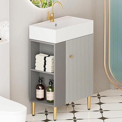 22" Small Bathroom Vanity with Sink, Morden Bathroom Vanities with Soft-Close Door and Open Shelf, Freestanding Narrow Vanity for Compact Space-Saving Bathrooms (Gray,22" Freestanding Left Shelf)