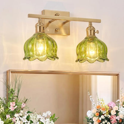 3-Light Vintage Bathroom Vanity Light, 19.4" Brass Hardwired Wall Sconce with Amber Tulip Glass Shades, Brushed Gold Vanity Light for Mirror, Restroom, Bedroom (Green, 2-Light)
