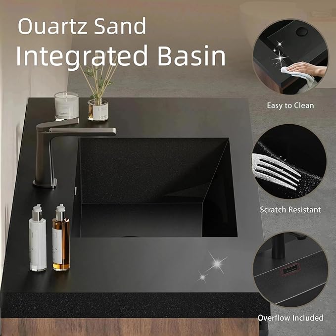 42'' Floating Bathroom Vanity with Sink, Wall-Mounted Bathroom Storage Cabinet with Soft-Close Striped Drawer & Quartz Sand Basin, Modern Smoked Walnut Body with Internal Handle, Black