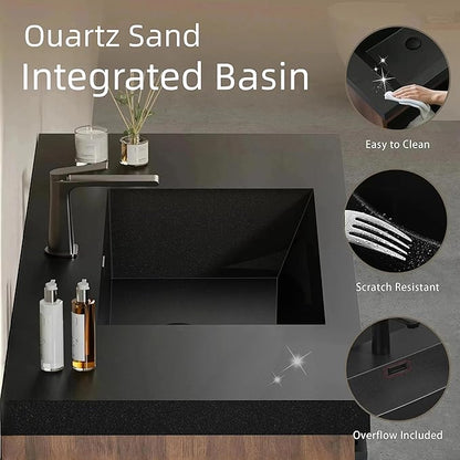 42'' Floating Bathroom Vanity with Sink, Wall-Mounted Bathroom Storage Cabinet with Soft-Close Striped Drawer & Quartz Sand Basin, Modern Smoked Walnut Body with Internal Handle, Black