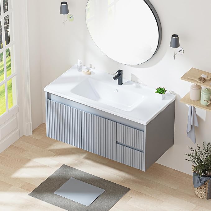 Floating Bathroom Vanity with Sink, 40 Inch Wall Mounted Bathroom Vanity with 2 Drawers and Wave-Carved Design Door, Modern Wooden Cabinet with Ceramic Sink and Storage, Grey