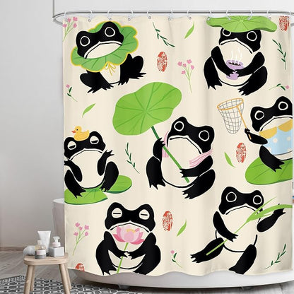 Funny Frog Kids Cartoon Animal Asian Japanese Bathroom Shower Curtain Set | 60Wx71H Traditional Lotus waterproof HD print, quick-dry fabric, and 12 hooks for easy setup