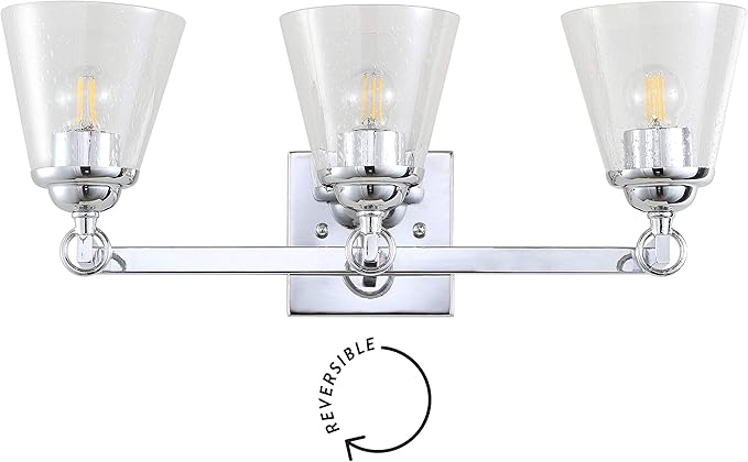 JONATHAN Y 21" Chrome Marion 3-Light Vanity Light Wall Sconce for Bathroom Decor, Clear Seeded Glass Shade, Reversible Hardwired Lamp for Mirror Hallway, LED Bulb (JYL7434A)