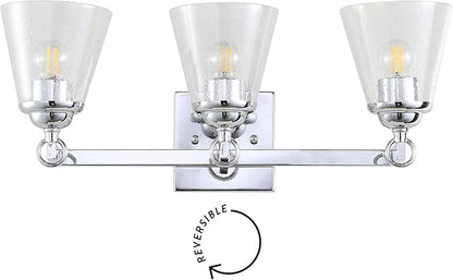 JONATHAN Y 21" Chrome Marion 3-Light Vanity Light Wall Sconce for Bathroom Decor, Clear Seeded Glass Shade, Reversible Hardwired Lamp for Mirror Hallway, LED Bulb (JYL7434A)