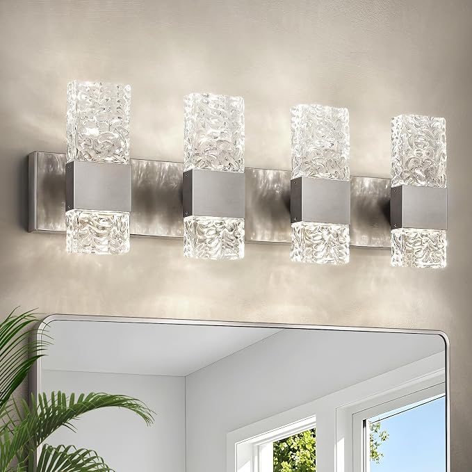 Epinl Brushed Nickel 4-Light Bathroom Vanity Lights, 4000K Modern Bathroom Lighting Fixtures Over Mirror, 28" LED Crystal Bathroom Light Fixtures Hardwired Wall Sconces for Bathroom Living Room