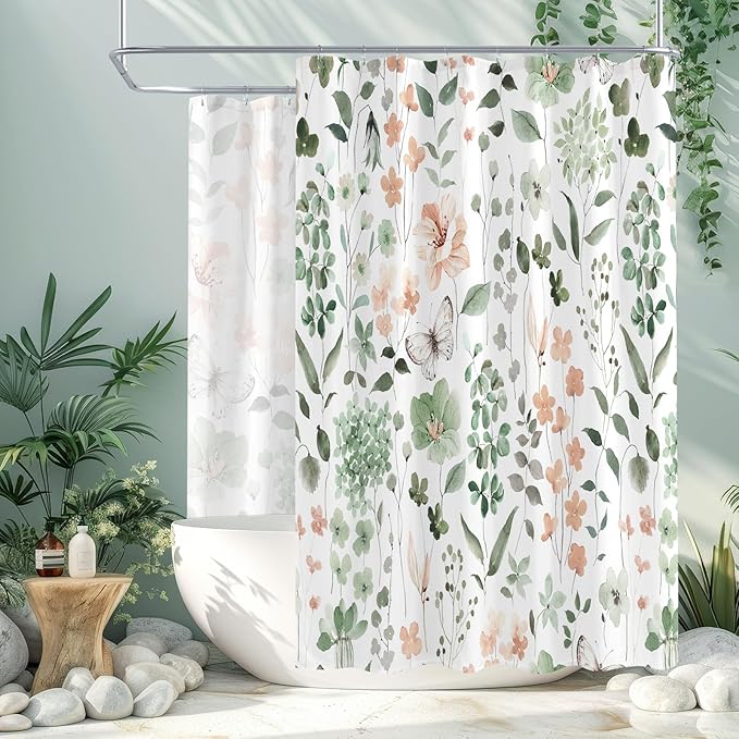 Extra Wide Flower Shower Curtain 108 x 72, Sage Green Flower Shower Curtains for Claw Foot Tub, Modern Watercolor Floral 108 inch Long Shower Curtain Set with 18 Pack Plastic C-Hooks