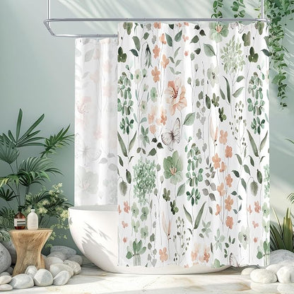 Extra Wide Flower Shower Curtain 108 x 72, Sage Green Flower Shower Curtains for Claw Foot Tub, Modern Watercolor Floral 108 inch Long Shower Curtain Set with 18 Pack Plastic C-Hooks