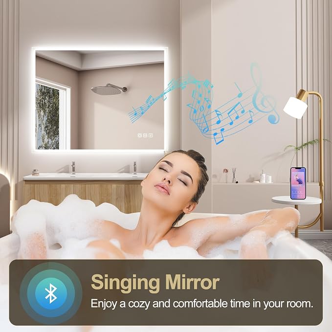 SBAGNO 36''x28'' LED Bathroom Mirror with Lights, Bluetooth Speaker | Stepless Dimmable, 3 Color Temperature, Anti-Fog, Tempered Glass, Touch Control, Lighted Smart Mirror for Bathroom