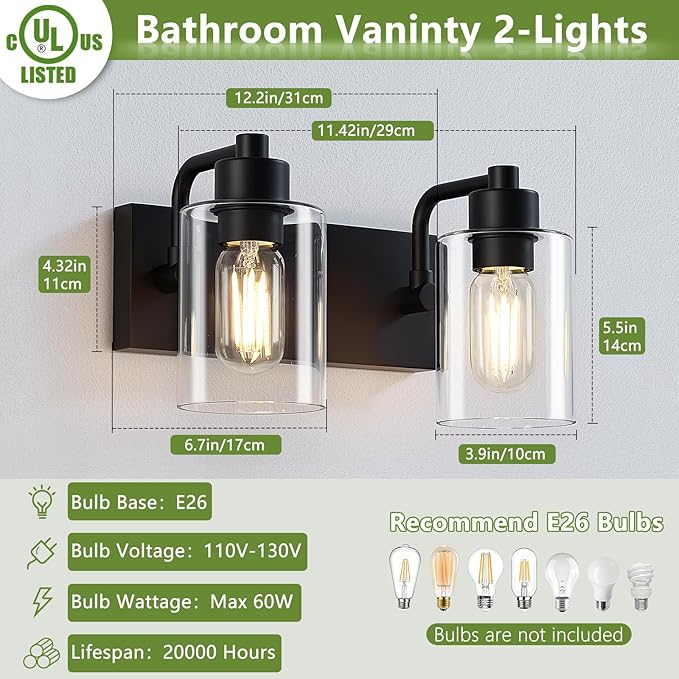 Matte Black 2-Light Bathroom Lights Over Mirror with Clear Glass Shade, Modern Bathroom Light Fixtures for Kitchen Living Room Bedroom Laundry Room