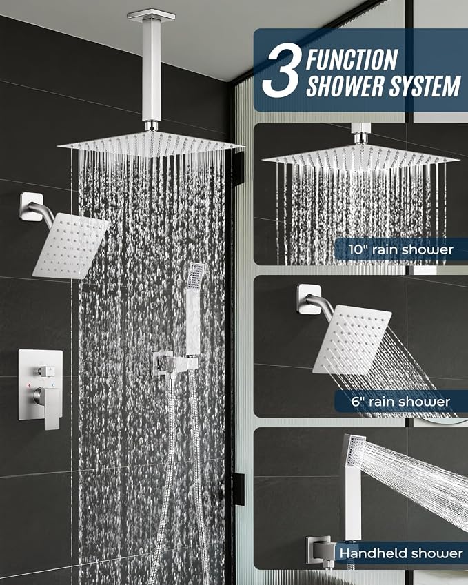 Rain Shower Faucet Set, 10" Top + 6" Side Head, Brushed Nickel | 3-head set w/ valve, SUS304 anti-freeze, 6 spray modes, self-clean nozzles