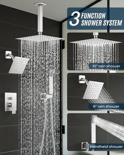 Rain Shower Faucet Set, 10" Top + 6" Side Head, Brushed Nickel | 3-head set w/ valve, SUS304 anti-freeze, 6 spray modes, self-clean nozzles