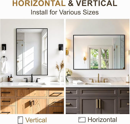 Rectangular Bathroom Mirror, 30"x20" Black Metal Framed Vanity Mirror | HD Shatterproof Wall Mirror, Horizontal or Vertical Hanging, Easy Installation for Bathroom, Bedroom, Living Room, Entryway