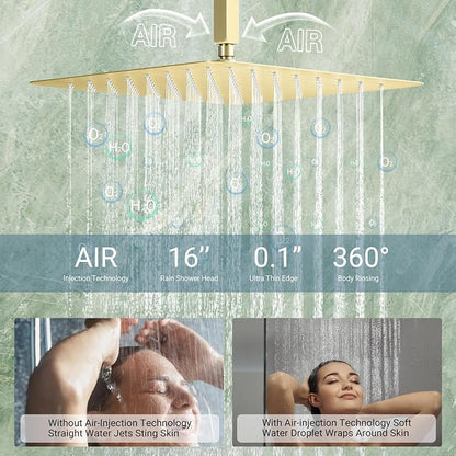 Dasan Thermostatic Dual Shower Head System with 6 Body Jets, 6-Inch Shower Head & 16” Rainfall Shower, Luxury Brushed Gold Shower Faucet Set Tandem Rain Shower Head System for Couples/ 2-Person