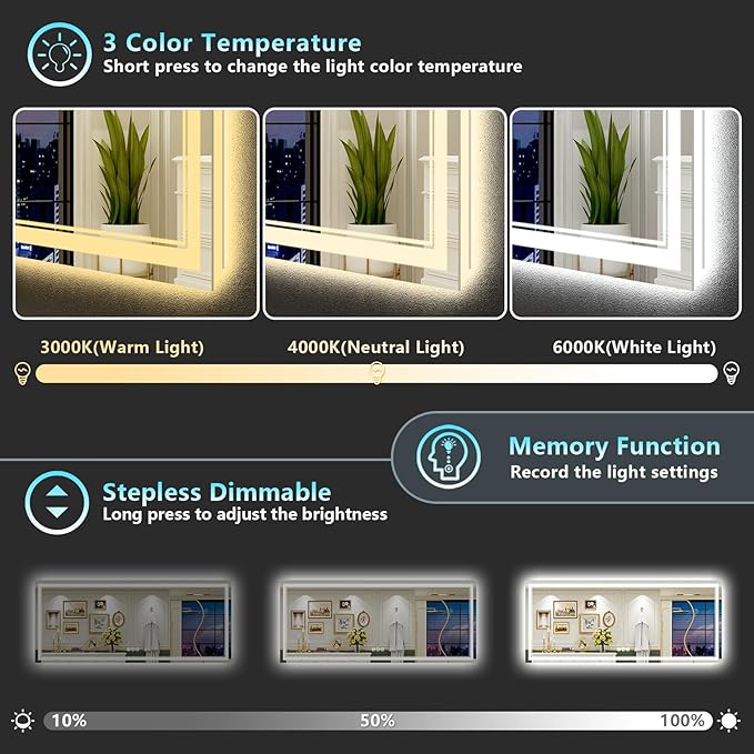 88x38 LED Bathroom Mirror with Lights, Backlit and Front Lit Anti-Fog Lighted Vanity Mirrors for Bathroom Wall, Dimmable, 3-Color Light, Memory, Shatter-Proof, HD Tempered Glass, CRI＞90