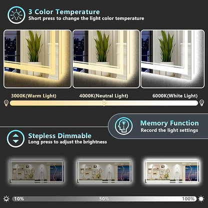 88x38 LED Bathroom Mirror with Lights, Backlit and Front Lit Anti-Fog Lighted Vanity Mirrors for Bathroom Wall, Dimmable, 3-Color Light, Memory, Shatter-Proof, HD Tempered Glass, CRI＞90