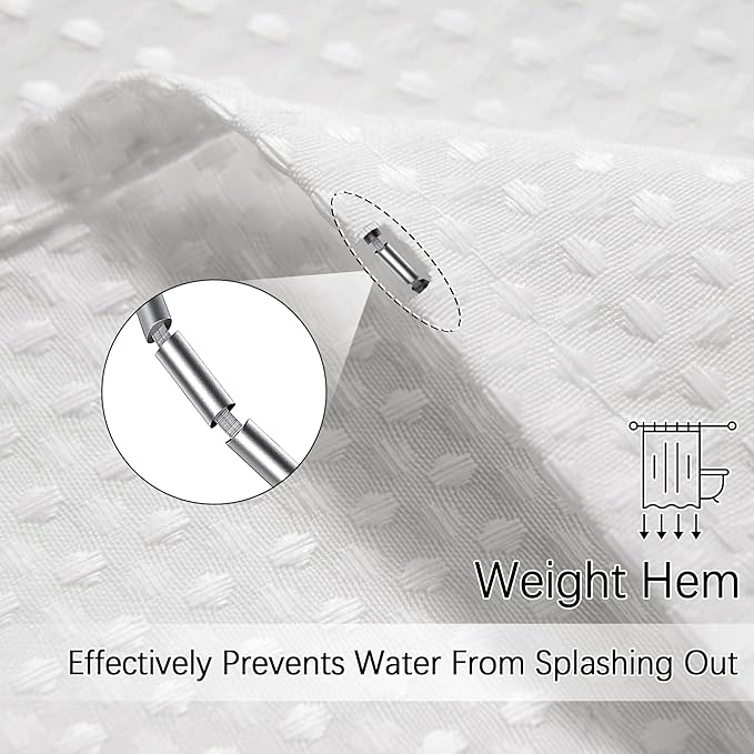White Shower Curtain for Bathroom 84 Inches Long, Waffle Textured Heavy Duty Extra Long Waterproof 256GSM Weighted Beige Shower Curtains with 12 Metal Hooks, 72Wx84H