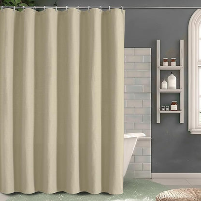 Long Fabric Shower Curtain Set, Waffle Textured Shower Curtain for Bathroom - Weight 230GSM Heavy Duty Hotel Spa Luxury Bath Curtain Set with 12 Plastic Hooks, 72Wx78L, Taupe