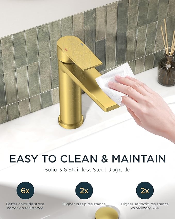 FORIOUS Gold Bathroom Faucet 1 Hole, Single Hole Brushed Gold Bathroom Faucet Single Handle with 1.2 GPM Water-Saving Aerator, Pop Up Drain and Hose, Modern Restroom Sink Tap with Deck Plate, Vanity