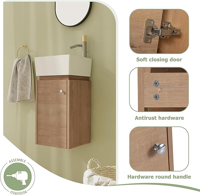 12" Bathroom Vanity with Sink, 12 Inch Floating Bathroom Vanity for Small Space, Modern Bathroom Vanity, Brown Wall Mounted Cabinet Set (045-IMO, IMO-12''Wx12''D)
