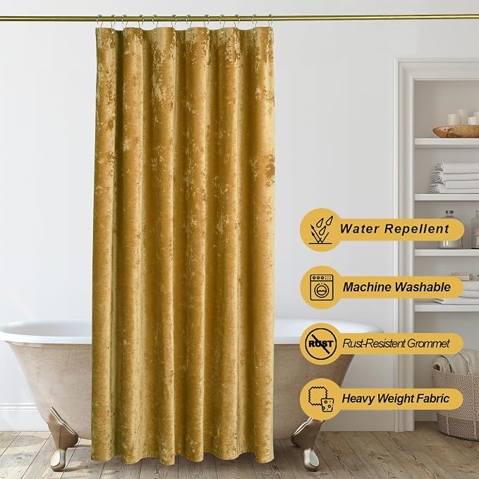 TAMGHO Mustard Gold Shower Curtain for Bathroom, Crushed Velvet Dark Mustard Yellow Shower Curtain with Gold Decro Metal Hooks, Machine Washable Thick Fabric, 72 x 72 inches