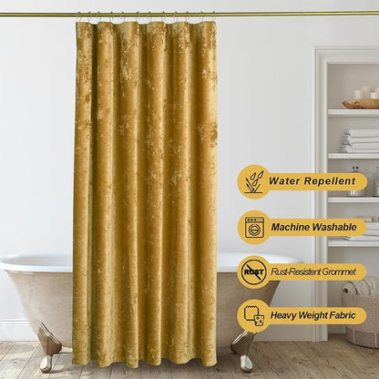 TAMGHO Mustard Gold Shower Curtain for Bathroom, Crushed Velvet Dark Mustard Yellow Shower Curtain with Gold Decro Metal Hooks, Machine Washable Thick Fabric, 72 x 72 inches