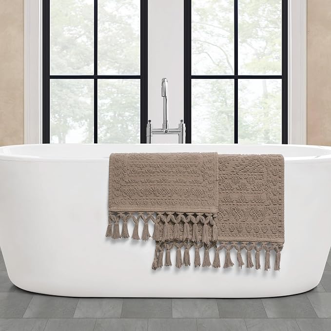 French Connection Nellore Bath Rugs, Set of 2 Woven and Beaded Bath Mats, Durable and Thick Bath Mats for Bathroom and Shower Rugs, 17" x 28" and 20" x 38", Light Yellow