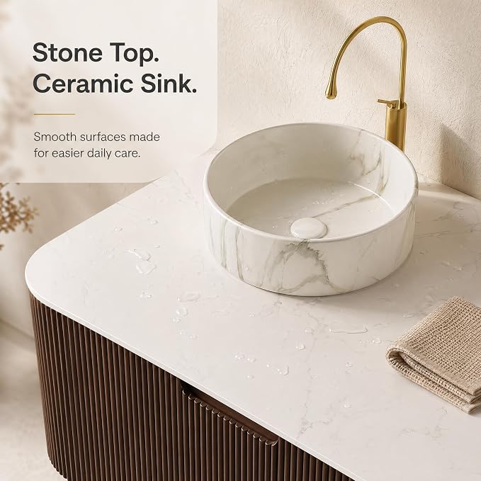 36 Inch Bathroom Vanity with Sink, Floating Wall Mounted Single Sink Vanity, Dark Walnut Curved Fluted Front, Stone Top, Marble-Look Round Vessel Basin, Pre-Assembled