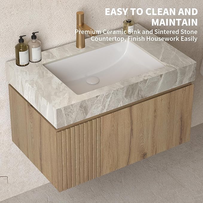 LKTART Floating 30 Inch Bathroom Vanity with Sink, Modern Plywood Wall Mounted Bathroom Storage Cabinet with 1 Door and 1 Drawer, Roma Travertine-Pattern Sintered Stone Countertop and Ceramic Basin