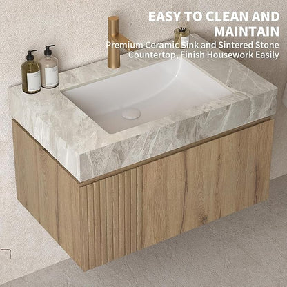 LKTART Floating 30 Inch Bathroom Vanity with Sink, Modern Plywood Wall Mounted Bathroom Storage Cabinet with 1 Door and 1 Drawer, Roma Travertine-Pattern Sintered Stone Countertop and Ceramic Basin