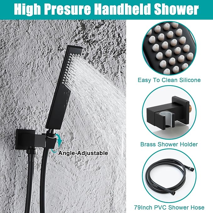 SKOWLL Shower Faucet Set Digital Display, 12 Inch Ceiling Mount Rainfall Shower Head with Handheld Combo, Matte Black Shower Head and Handle Set with Valve