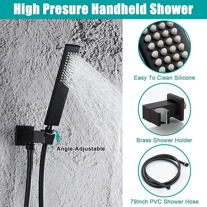 SKOWLL Shower Faucet Set Digital Display, 12 Inch Ceiling Mount Rainfall Shower Head with Handheld Combo, Matte Black Shower Head and Handle Set with Valve