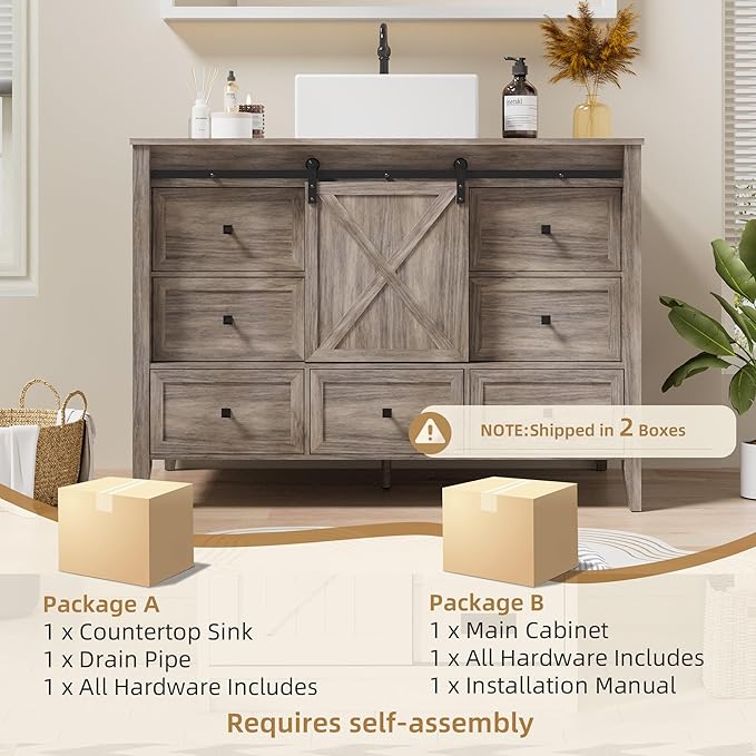 VNN Bathroom Vanity with Sink - 48 Inch Bathroom Vanity with Sink Ceramic, Freestanding Cabinet with Farmhouse Sliding Barn Door and 7 Drawers, Space-Saving Storage Cabinet, Wood Grain Texture, Grey