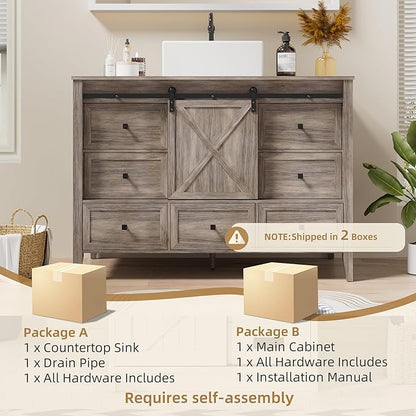VNN Bathroom Vanity with Sink - 48 Inch Bathroom Vanity with Sink Ceramic, Freestanding Cabinet with Farmhouse Sliding Barn Door and 7 Drawers, Space-Saving Storage Cabinet, Wood Grain Texture, Grey
