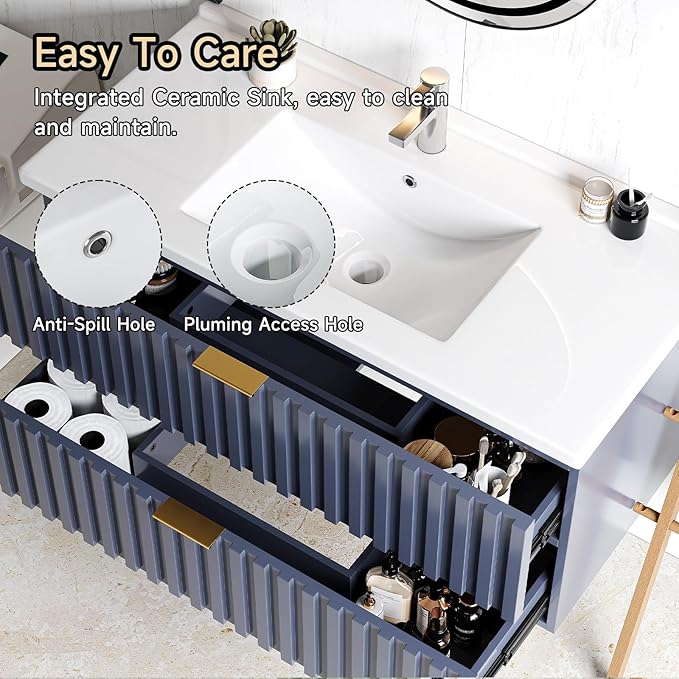 ONBRILL 36 Inch Bathroom Vanity with Sink Combo, Floating Bathroom Vanity with 2 Fluted Drawers & Metal Handle, Modern Wall Mount Storage Cabinet with Ceramic Integrated Sink for Small Space (Blue)